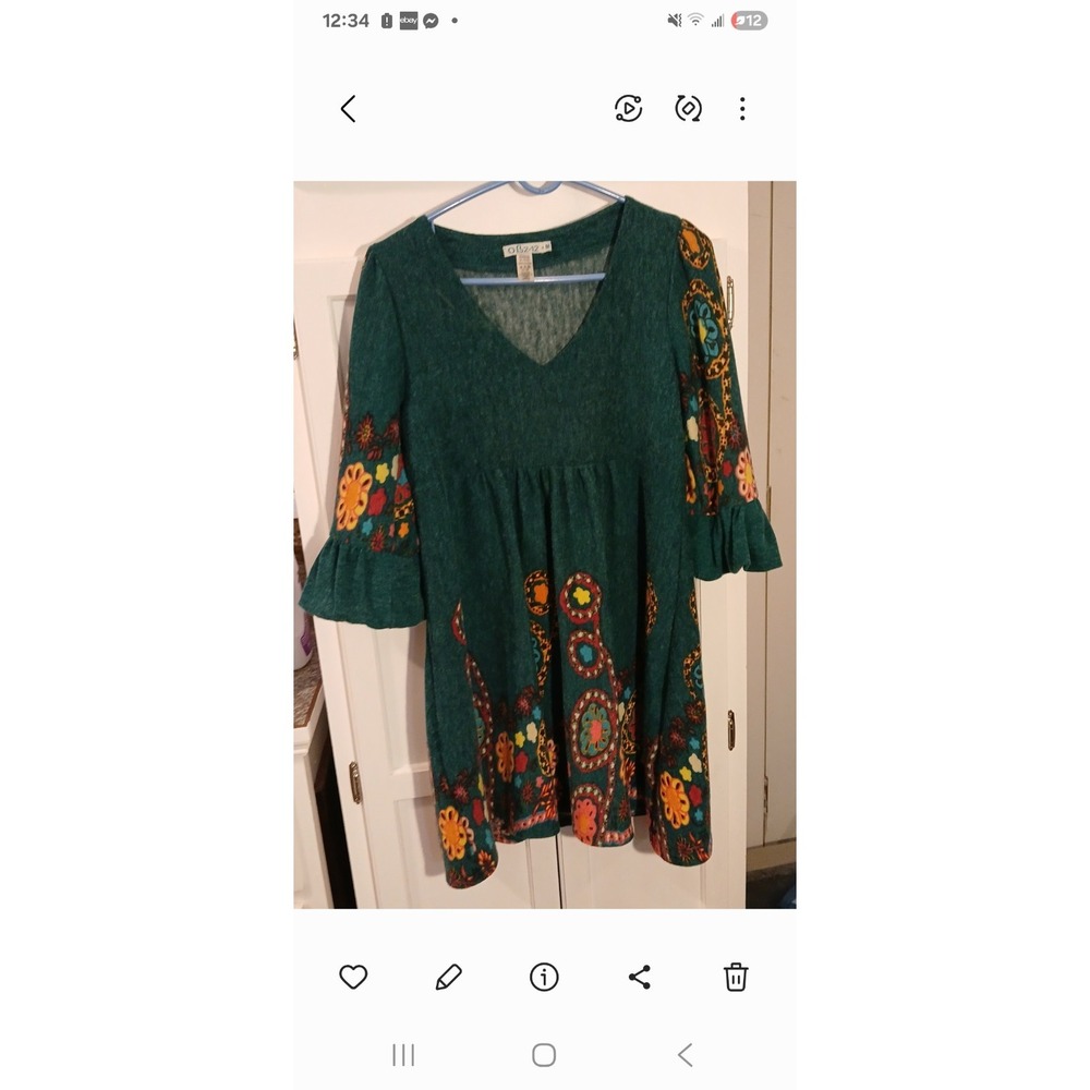 OB2-12 Green Floral Paisley Knit Ruffle Sleeve Boho Mini Dress Womenns Medium